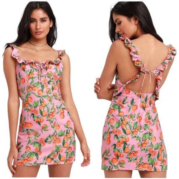 NWT FINDERS KEEPERS DRESS PINK ARANCIATA ORANGE PRINT RUFFLE MINI CUTOUT - Picture 1 of 7